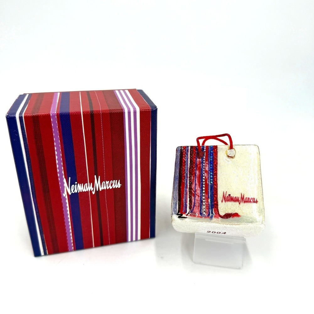 Neiman Marcus 2004 Shopping Bag Glass Christmas Ornament Rhinestone Glitter Box